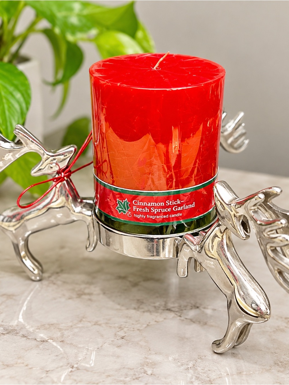Silver Reindeer Pillar Candle Holder with Red Christmas Candle